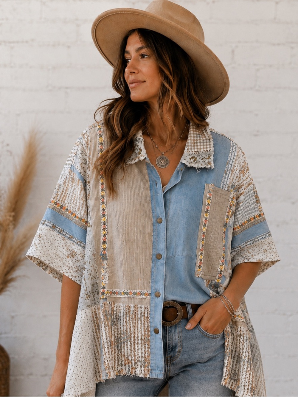 POL NWOT Button Front Shirt - Boho - Patchwork - Oversized - High Low